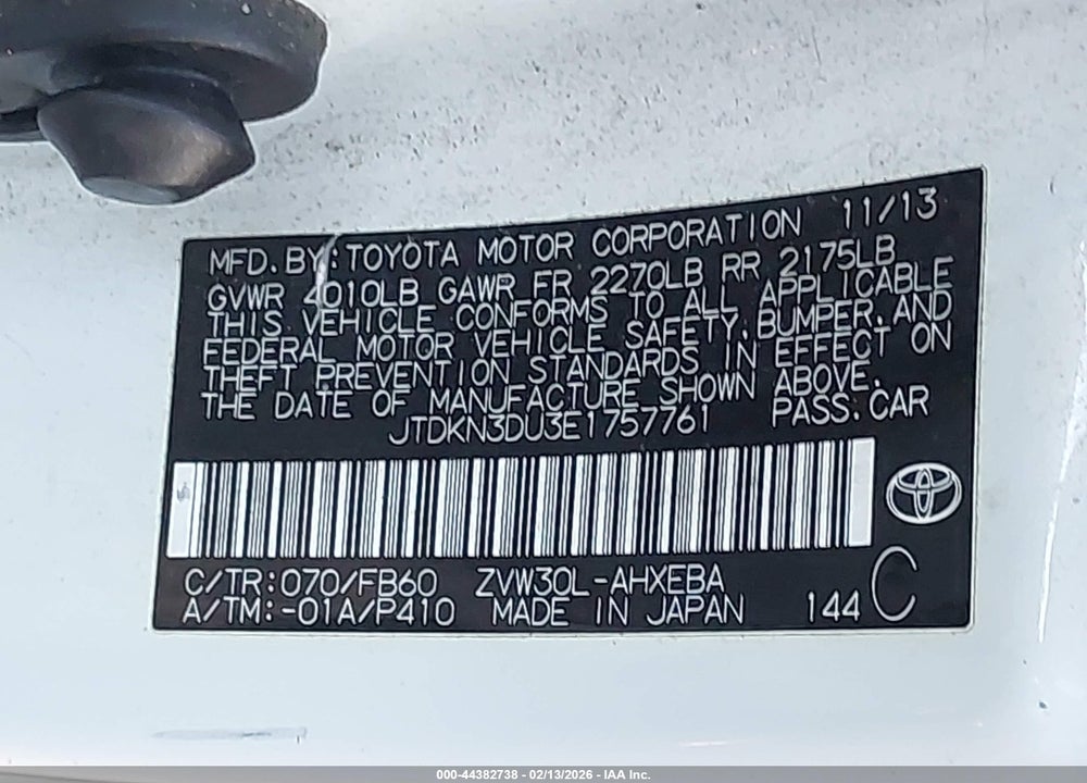 2014 TOYOTA PRIUS THREE VIN: JTDKN3DU3E1757761