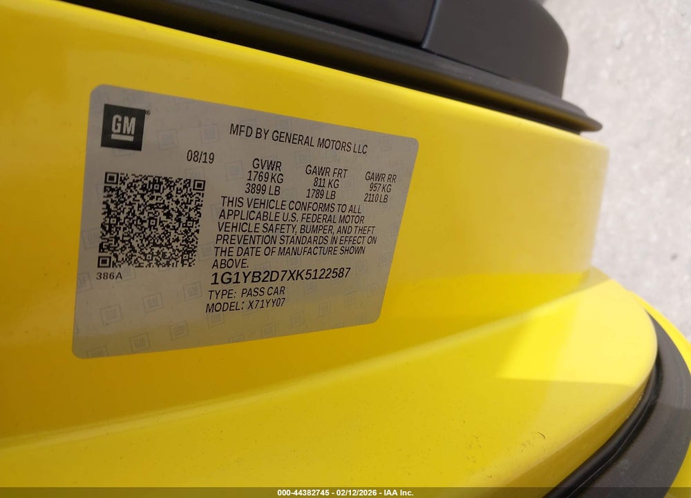 2019 CHEVROLET CORVETTE STINGRAY VIN: 1G1YB2D7XK5122587