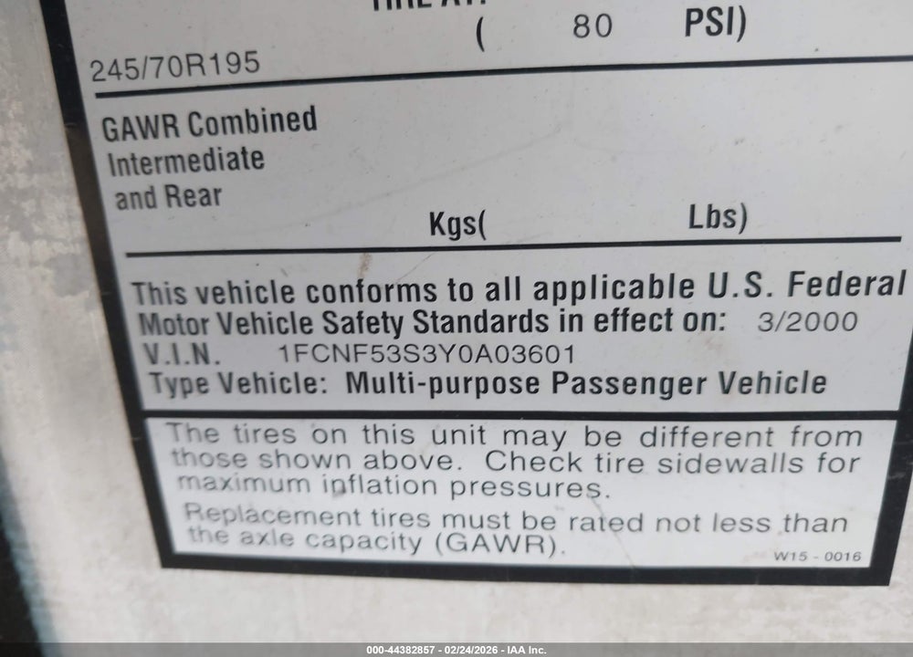 2000 FORD F550 SUPER DUTY STRIPPED CHASS VIN: 1FCNF53S3Y0A03601