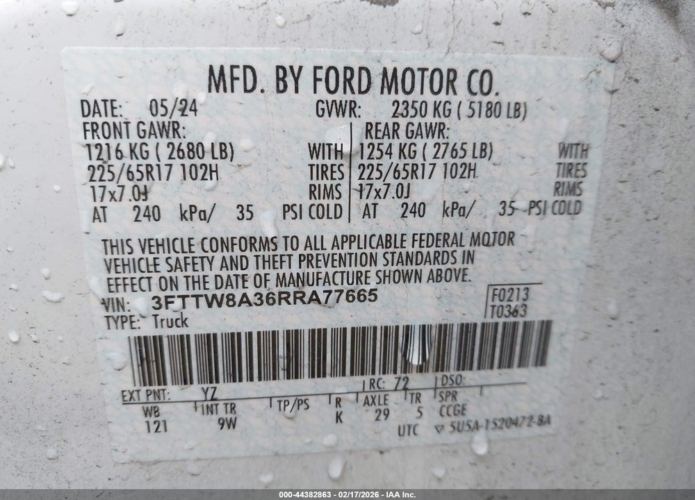 2024 FORD MAVERICK XL VIN: 3FTTW8A36RRA77665