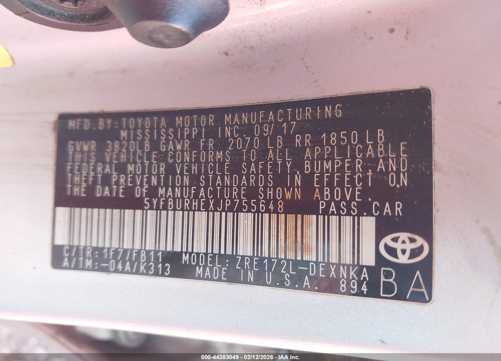 2018 TOYOTA COROLLA LE VIN: 5YFBURHEXJP755648