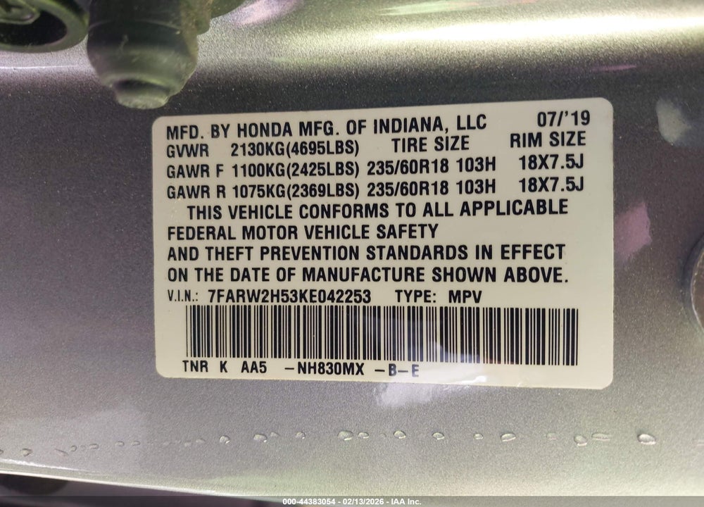 2019 HONDA CR-V EX VIN: 7FARW2H53KE042253