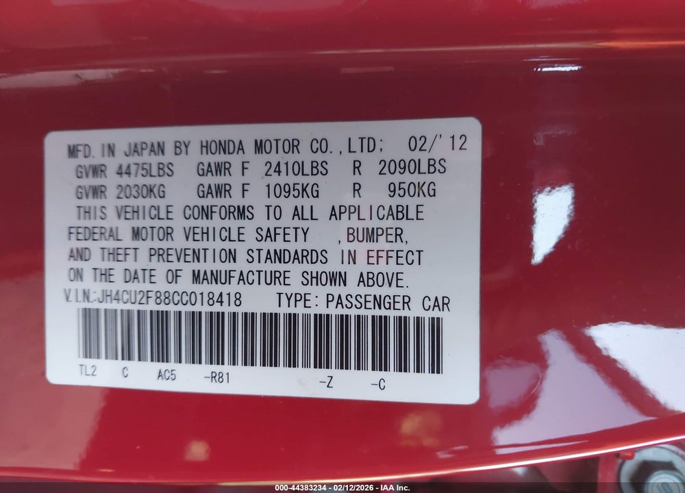 2012 ACURA TSX 2.4 VIN: JH4CU2F88CC018418