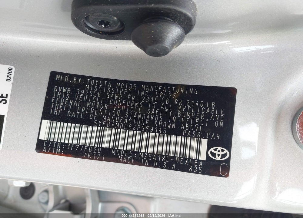 2025 TOYOTA COROLLA LE VIN: 5YFB4MDE6SP359145