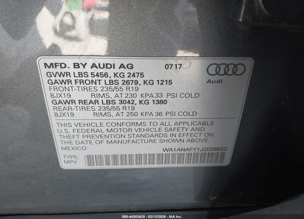 2018 AUDI Q5 2.0T PREMIUM/2.0T TECH PREMIUM VIN: WA1ANAFY1J2026552