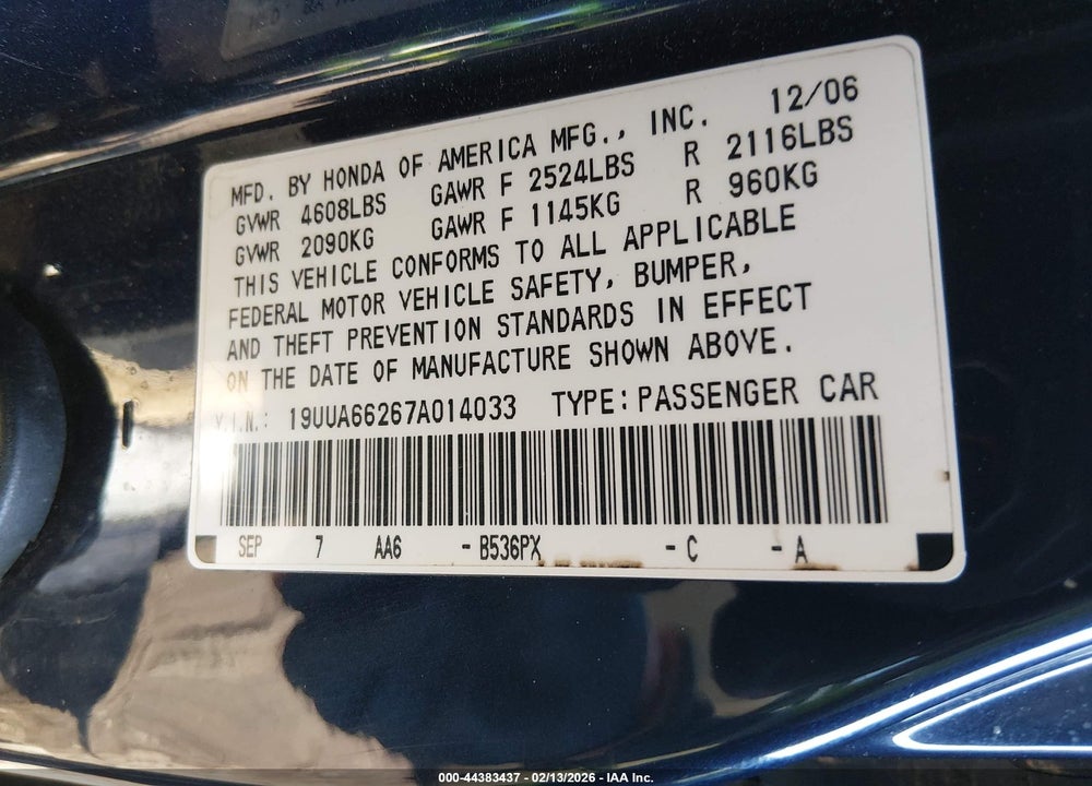 2007 ACURA TL 3.2 VIN: 19UUA66267A014033