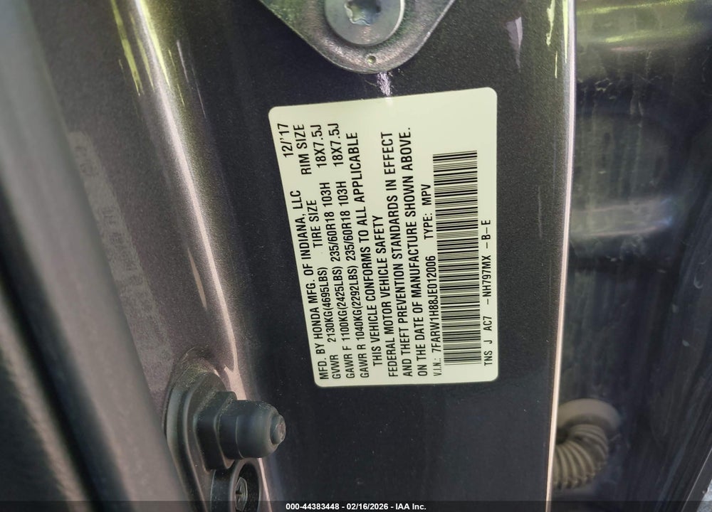 2018 HONDA CR-V EX-L/EX-L NAVI VIN: 7FARW1H88JE012006