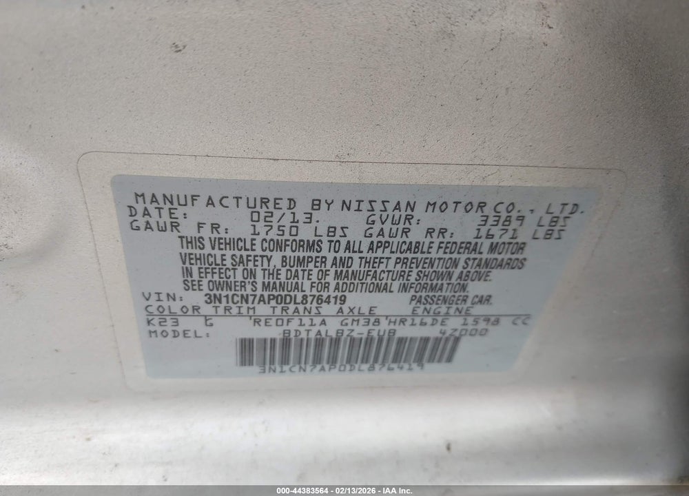 2013 NISSAN VERSA 1.6 SV VIN: 3N1CN7AP0DL876419