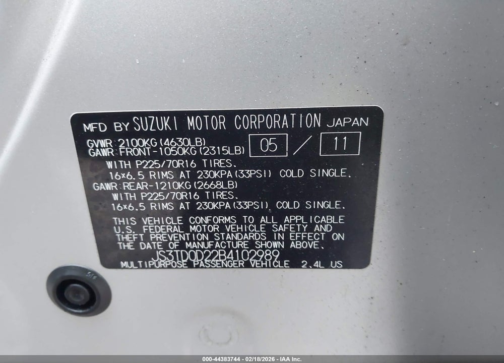 2011 SUZUKI GRAND VITARA PREMIUM/PREMIUM W/ALLOY WHEELS VIN: JS3TD0D22B4102989