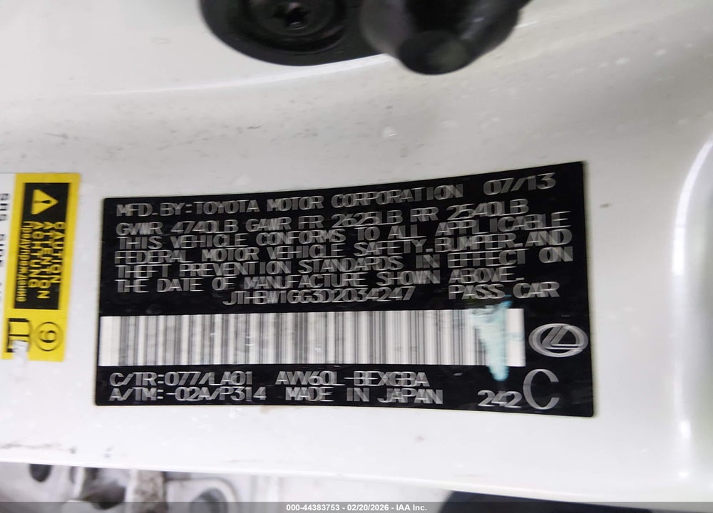 2013 LEXUS ES 300H VIN: JTHBW1GG3D2034247