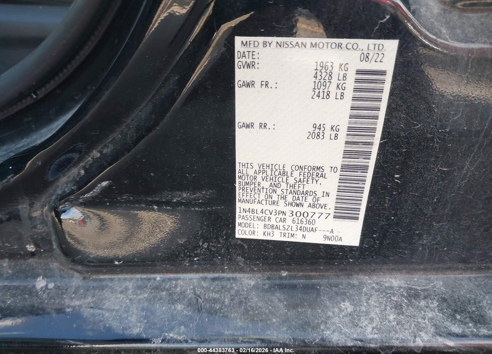 2023 NISSAN ALTIMA SR FWD VIN: 1N4BL4CV3PN300777