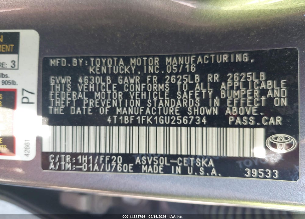 2016 TOYOTA CAMRY SE VIN: 4T1BF1FK1GU256734