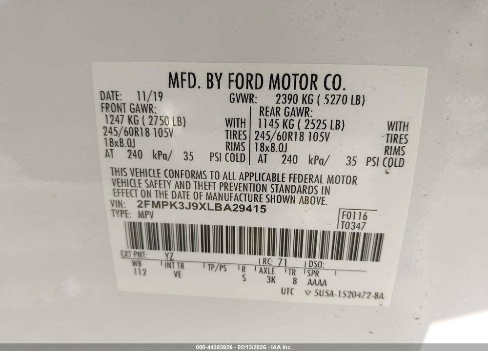 2020 FORD EDGE SEL VIN: 2FMPK3J9XLBA29415