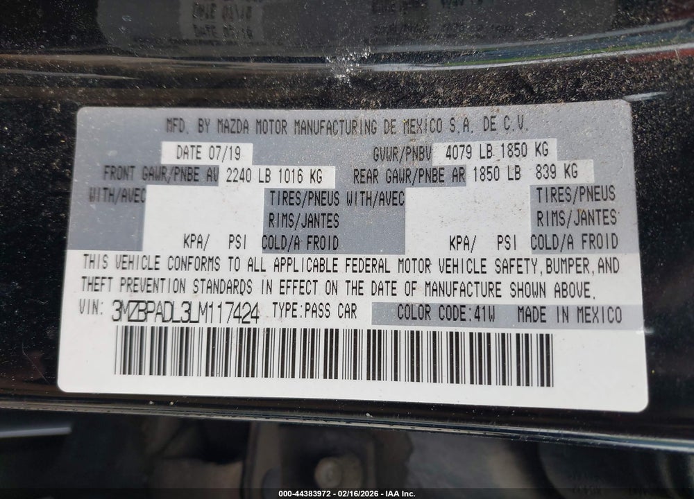 2020 MAZDA 3 PREFERRED PACKAGE VIN: 3MZBPADL3LM117424