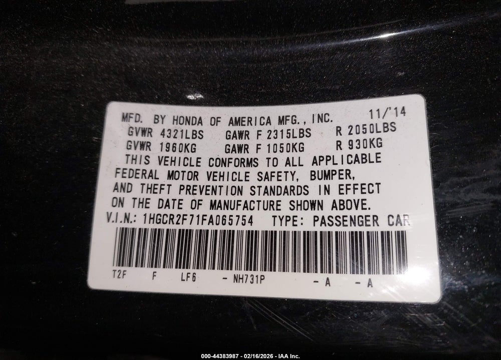 2015 HONDA ACCORD EX VIN: 1HGCR2F71FA065754