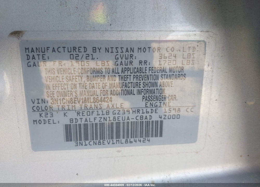 2021 NISSAN VERSA SV XTRONIC CVT VIN: 3N1CN8EV1ML864424