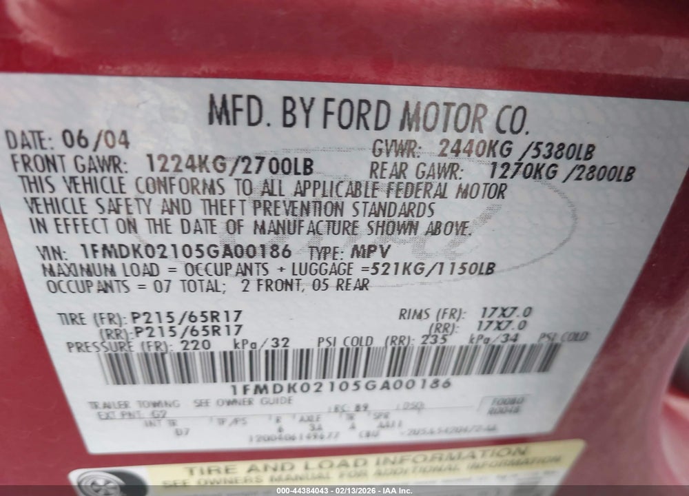 2005 FORD FREESTYLE SEL VIN: 1FMDK02105GA00186