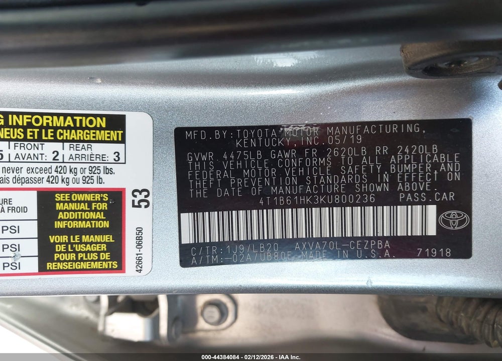 2019 TOYOTA CAMRY XSE VIN: 4T1B61HK3KU800236