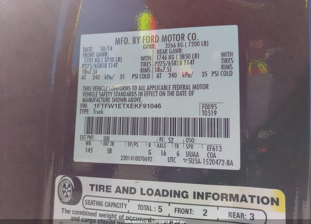 2014 FORD F-150 FX4 VIN: 1FTFW1ETXEKF91046