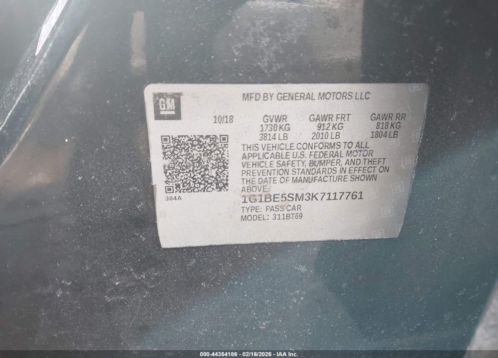 2019 CHEVROLET CRUZE LT VIN: 1G1BE5SM3K7117761