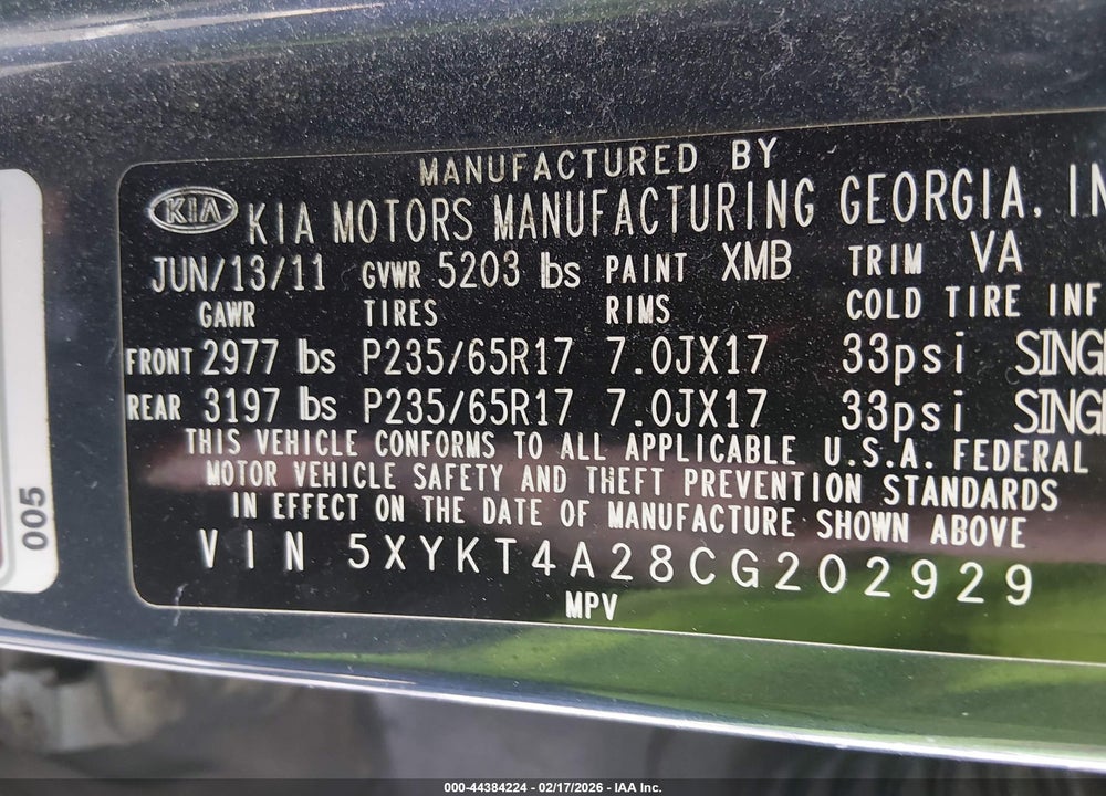 2012 KIA SORENTO LX V6 VIN: 5XYKT4A28CG202929
