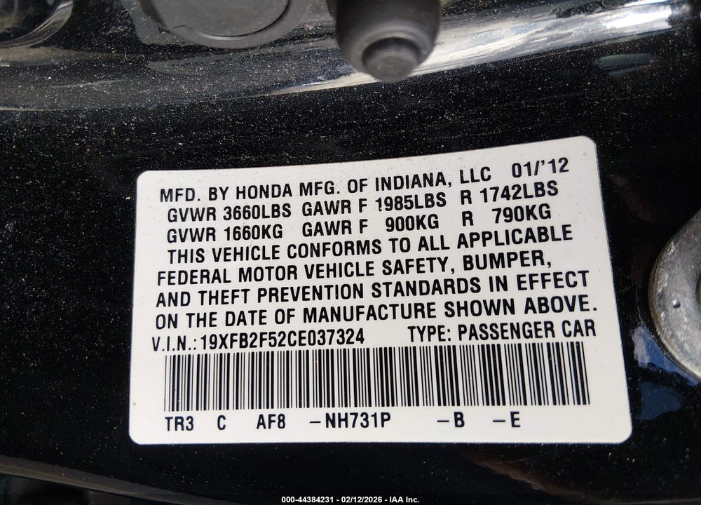 2012 HONDA CIVIC LX VIN: 19XFB2F52CE037324