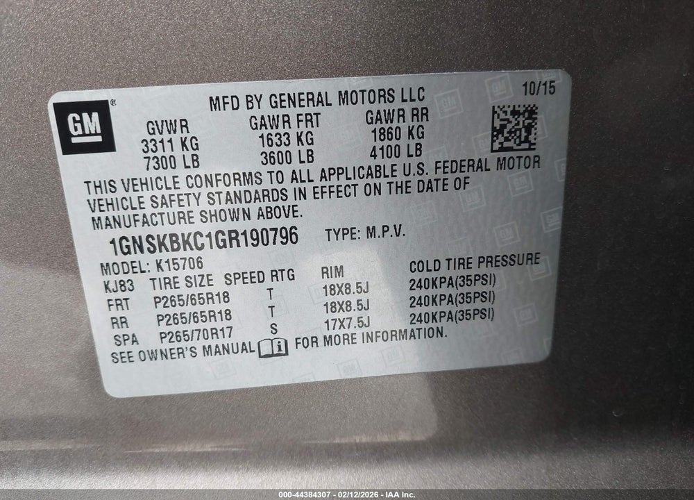 2016 CHEVROLET TAHOE LT VIN: 1GNSKBKC1GR190796
