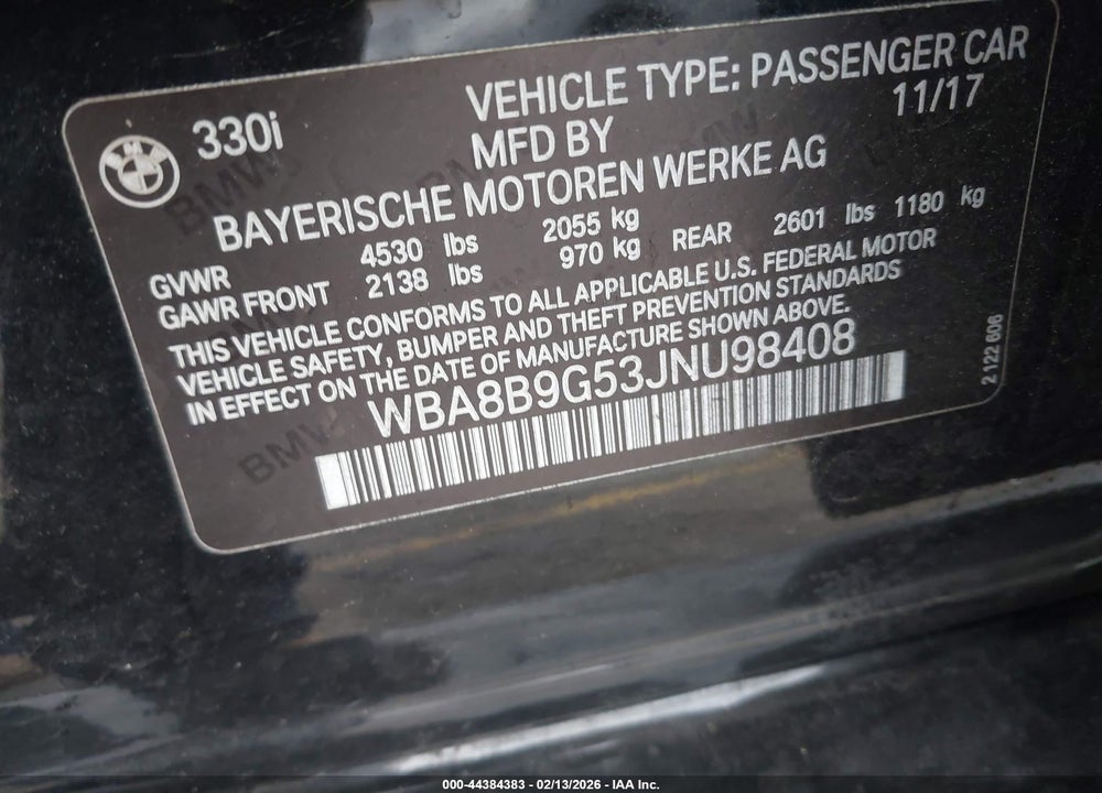 2018 BMW 330I VIN: WBA8B9G53JNU98408