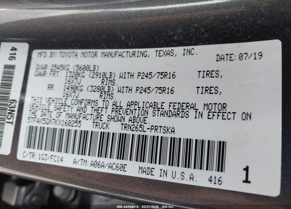 2019 TOYOTA TACOMA SR5 VIN: 5TFAX5GN7KX160255
