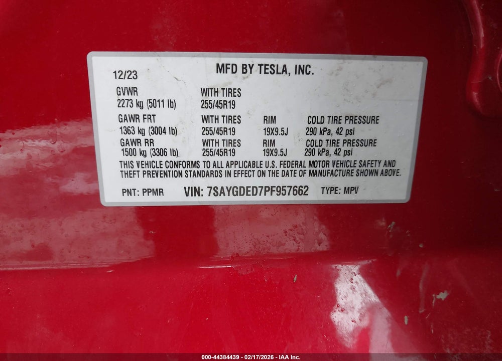 2023 TESLA MODEL Y RWD VIN: 7SAYGDED7PF957662