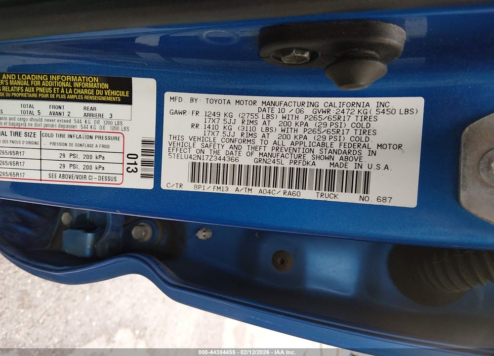 2007 TOYOTA TACOMA BASE V6 VIN: 5TELU42N17Z344366