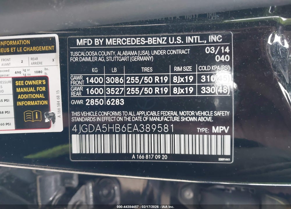 2014 MERCEDES-BENZ ML 350 4MATIC VIN: 4JGDA5HB6EA389581