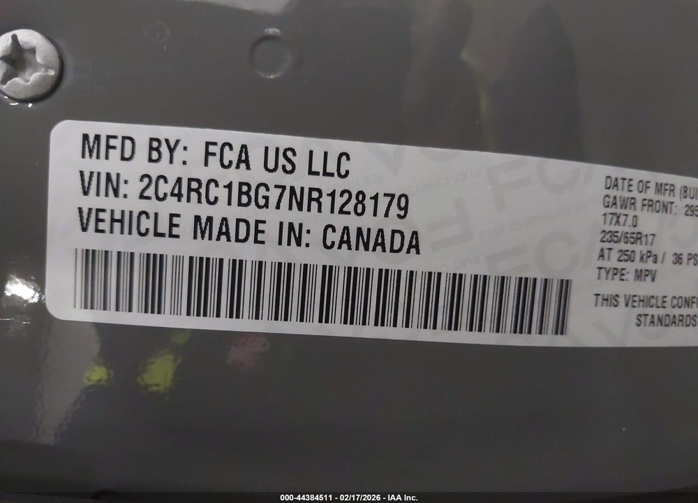 2022 CHRYSLER PACIFICA TOURING L VIN: 2C4RC1BG7NR128179