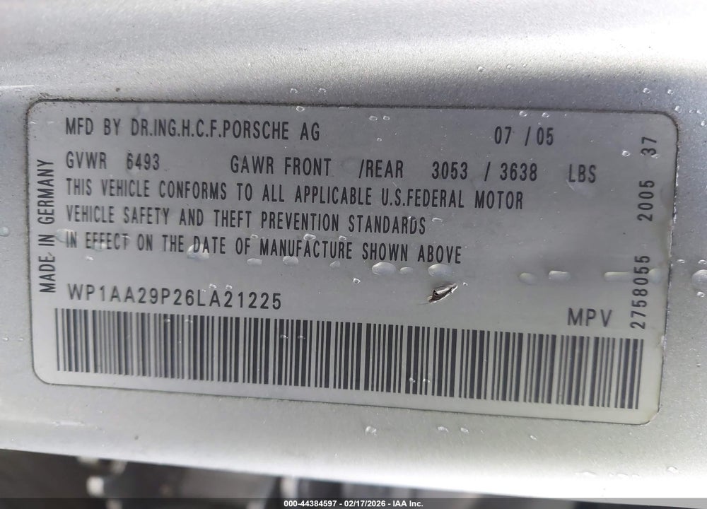 2006 PORSCHE CAYENNE VIN: WP1AA29P26LA21225
