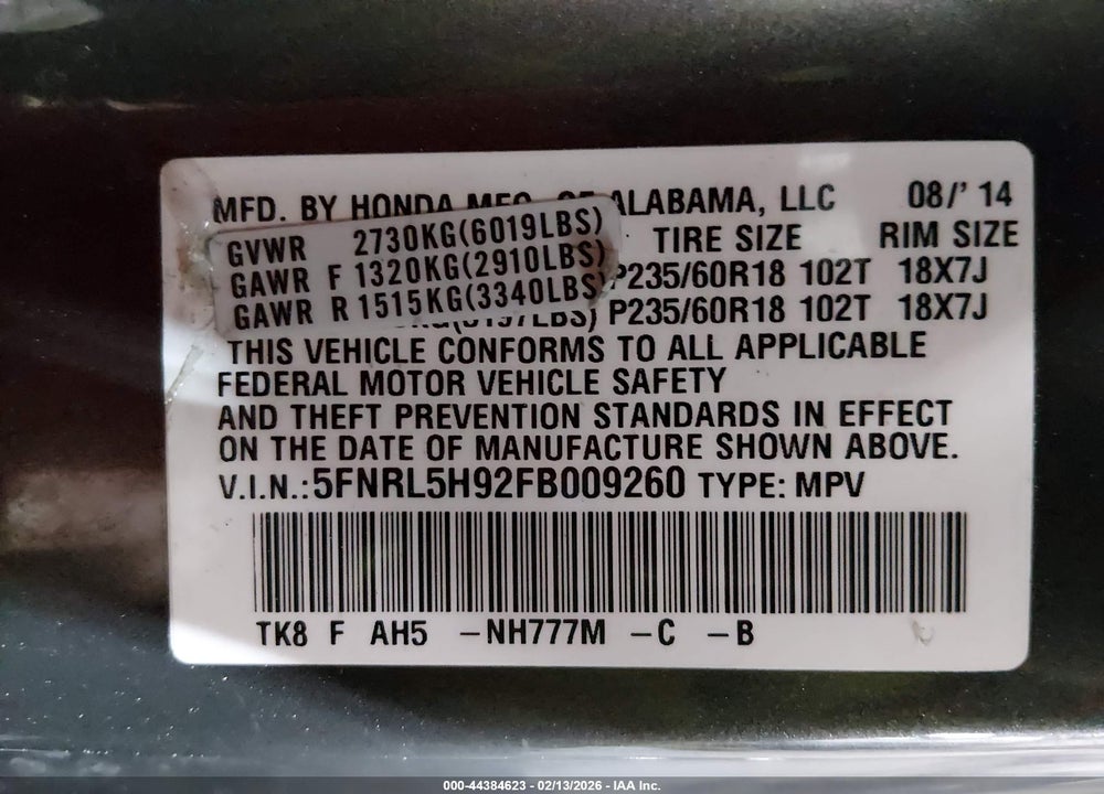 2015 HONDA ODYSSEY TOURING/TOURING ELITE VIN: 5FNRL5H92FB009260