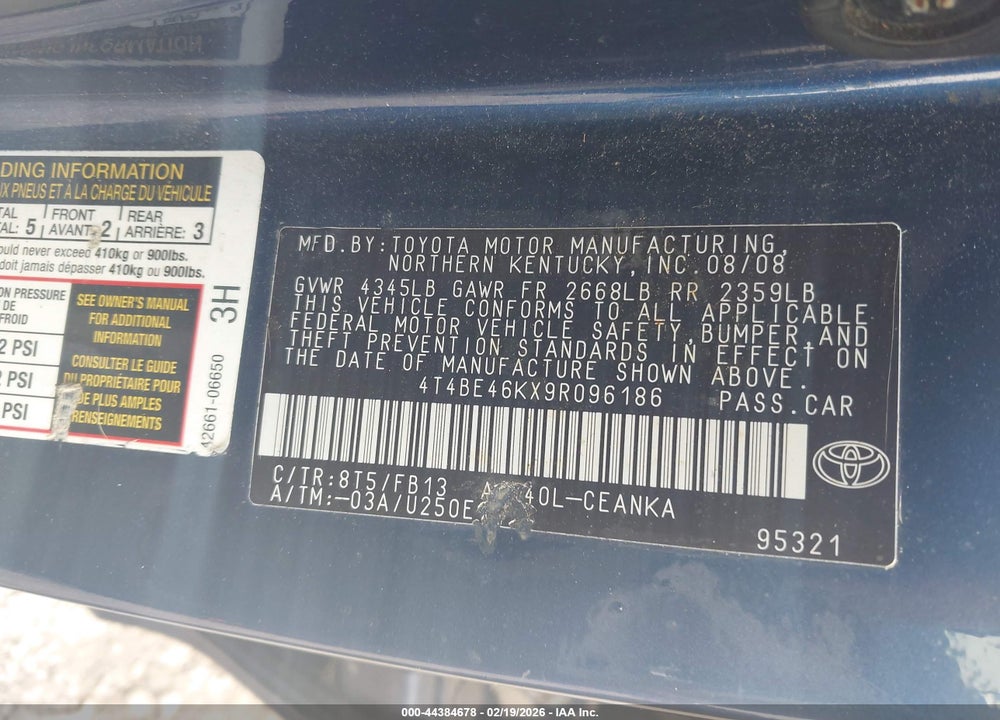 2009 TOYOTA CAMRY VIN: 4T4BE46KX9R096186