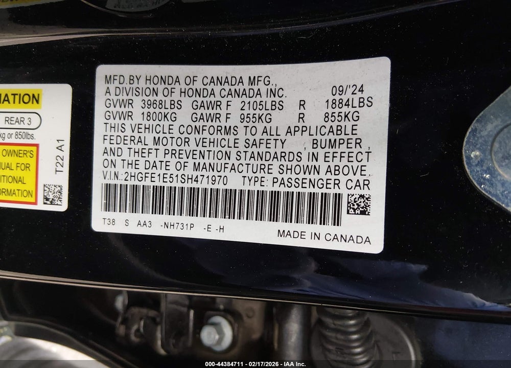 2025 HONDA CIVIC SI BASE W/HIGH PERFORMANCE SUMMER TIRES/ VIN: 2HGFE1E51SH471970