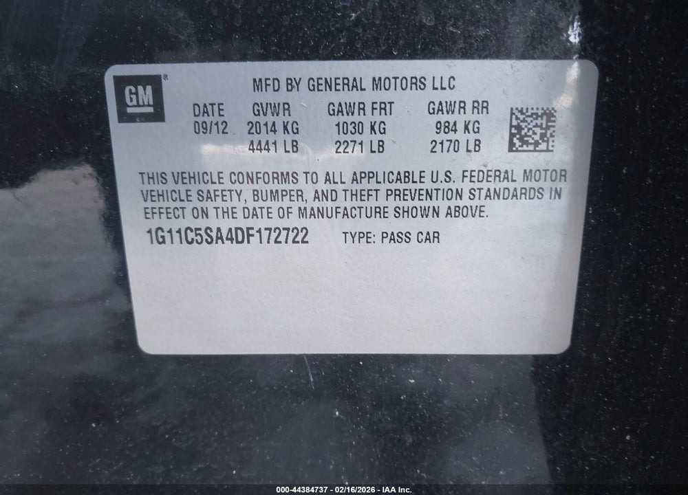 2013 CHEVROLET MALIBU 1LT VIN: 1G11C5SA4DF172722