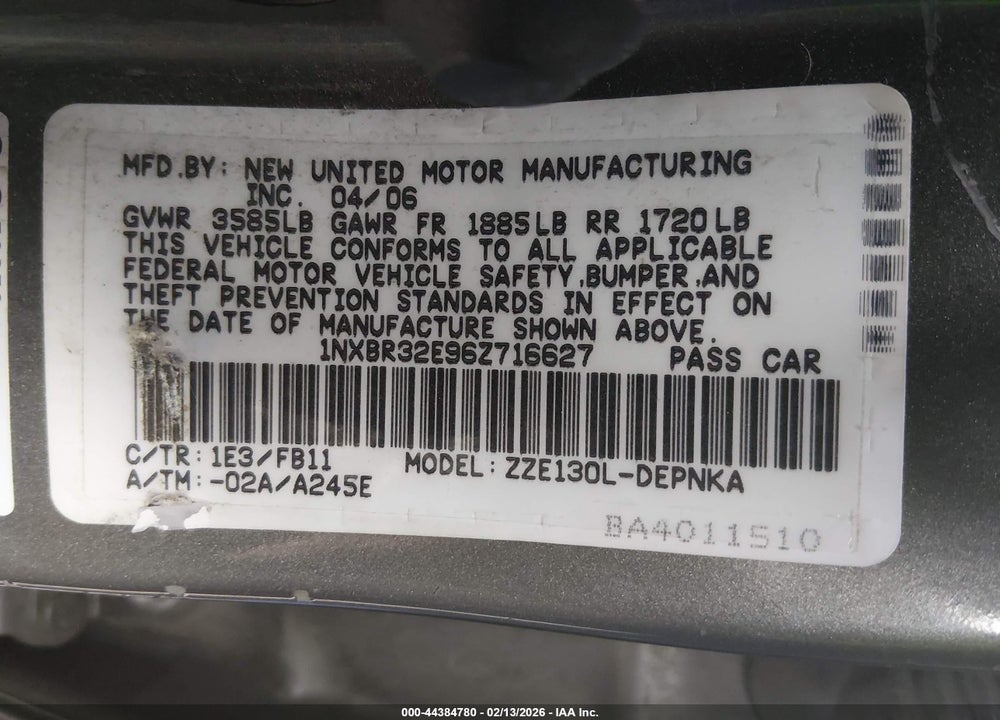 2006 TOYOTA COROLLA LE VIN: 1NXBR32E96Z716627
