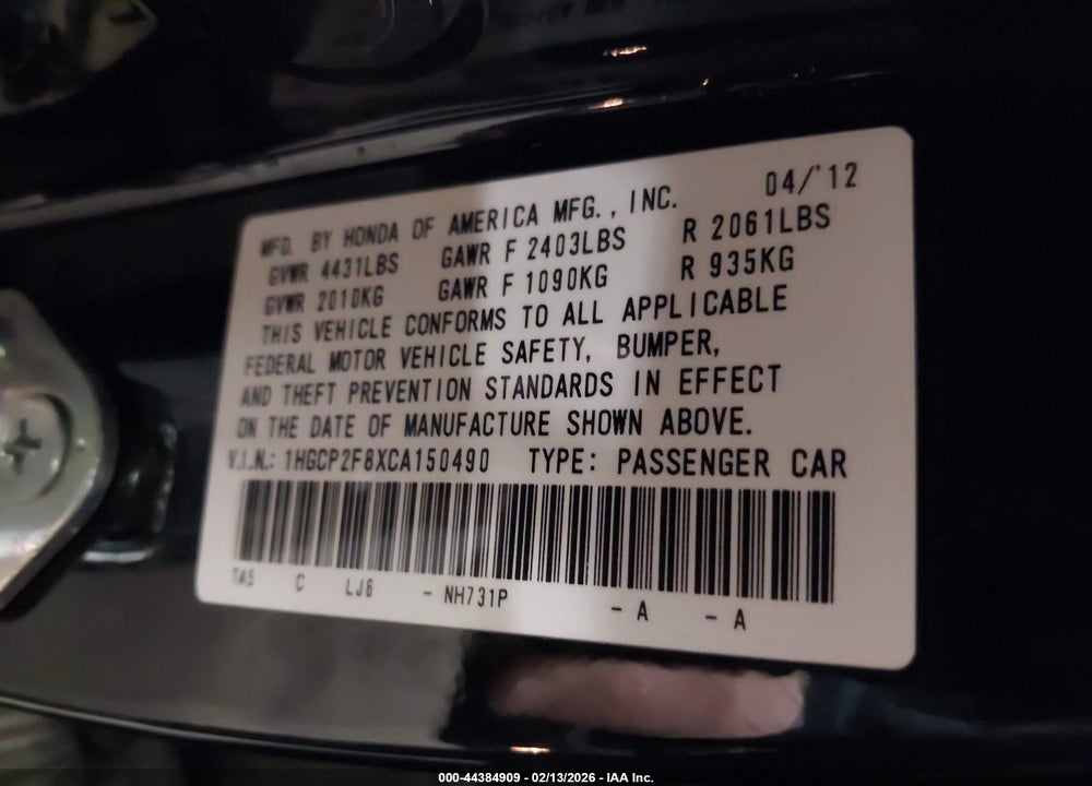 2012 HONDA ACCORD 2.4 EX-L VIN: 1HGCP2F8XCA150490
