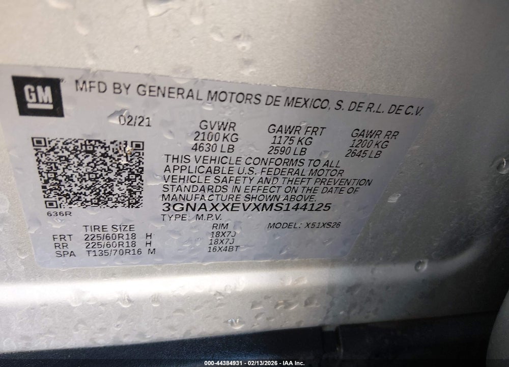 2021 CHEVROLET EQUINOX AWD PREMIER VIN: 3GNAXXEVXMS144125