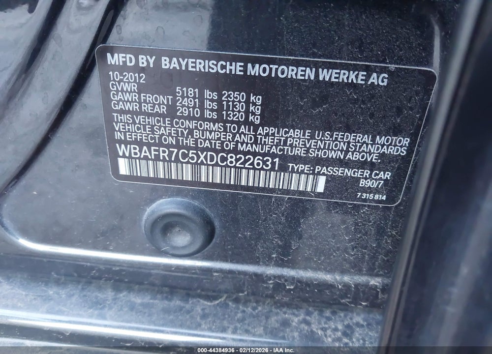 2013 BMW 535I VIN: WBAFR7C5XDC822631