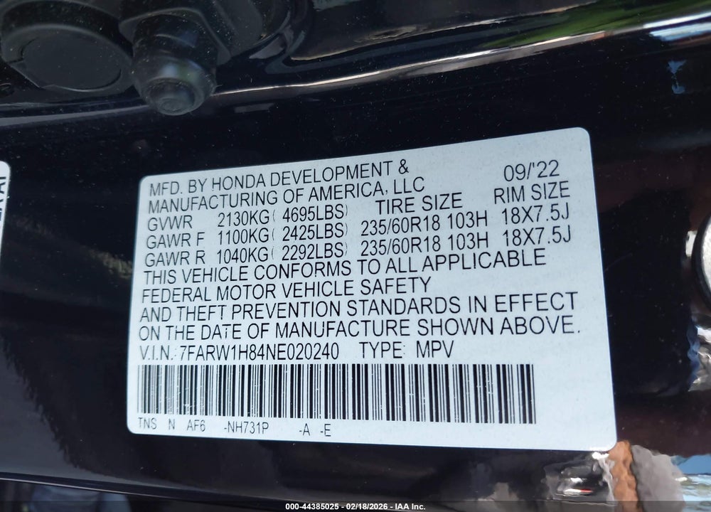 2022 HONDA CR-V 2WD EX-L VIN: 7FARW1H84NE020240
