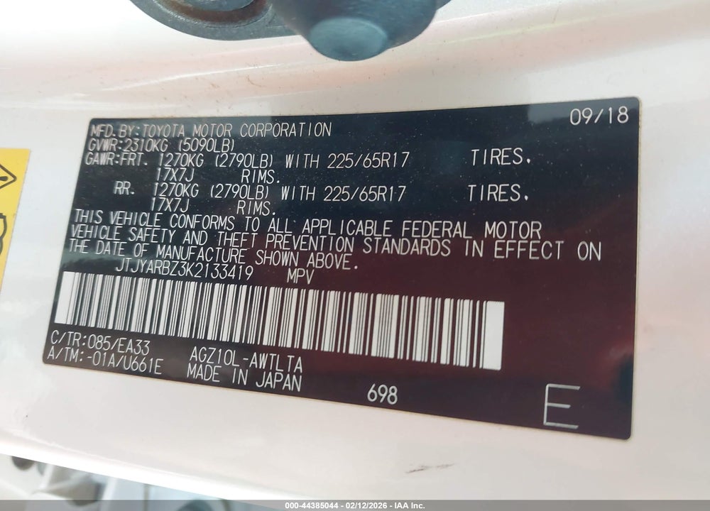 2019 LEXUS NX 300 VIN: JTJYARBZ3K2133419