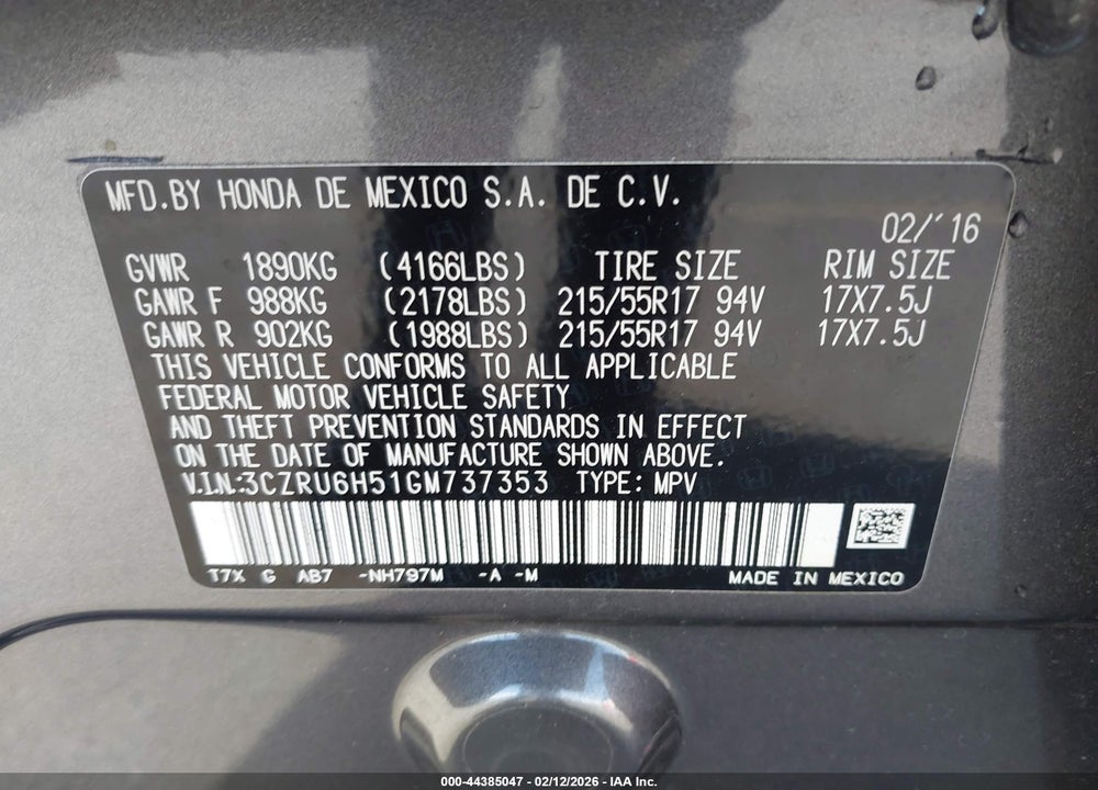 2016 HONDA HR-V EX VIN: 3CZRU6H51GM737353