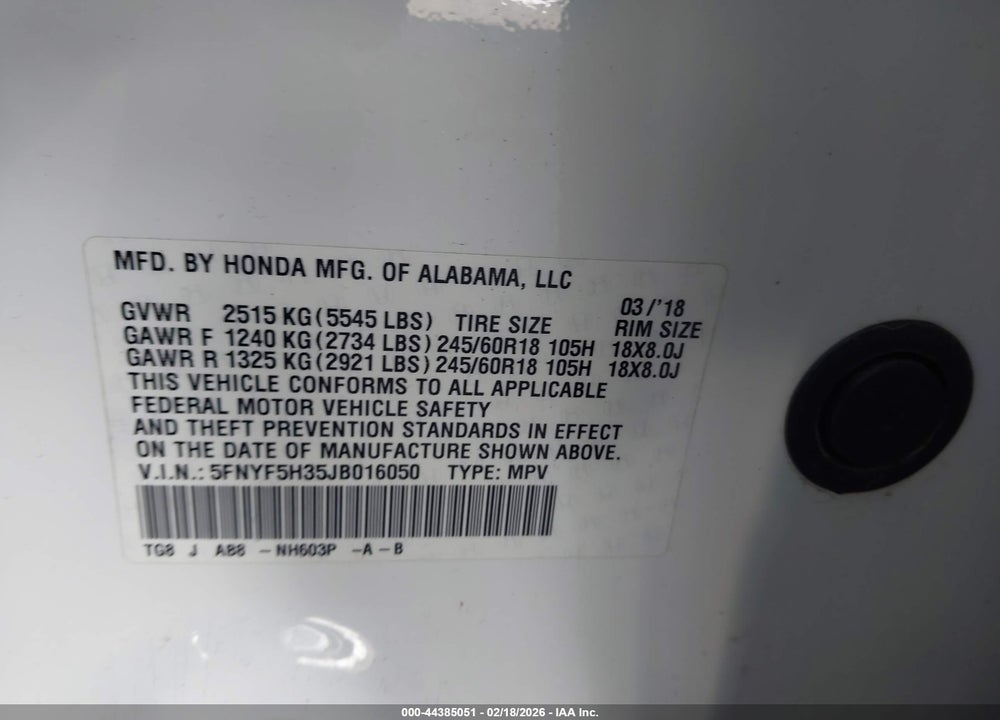 2018 HONDA PILOT EX VIN: 5FNYF5H35JB016050
