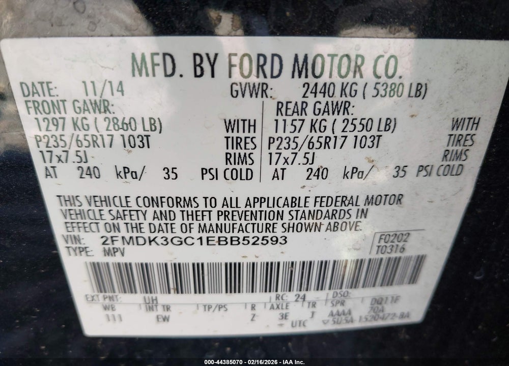 2014 FORD EDGE SE VIN: 2FMDK3GC1EBB52593