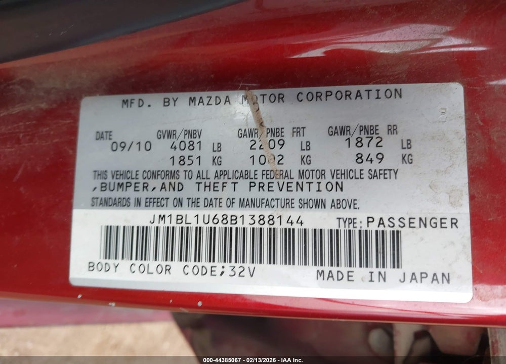 2011 MAZDA 3 S SPORT VIN: JM1BL1U68B1388144