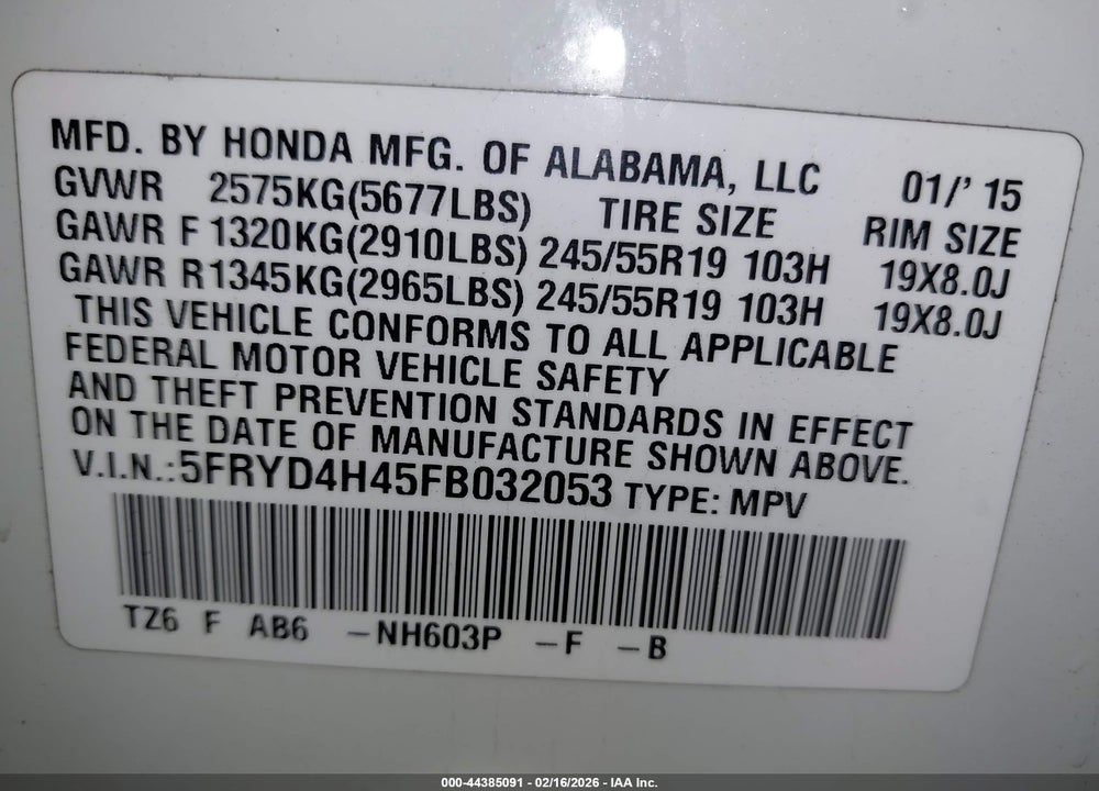 2015 ACURA MDX TECHNOLOGY PACKAGE VIN: 5FRYD4H45FB032053