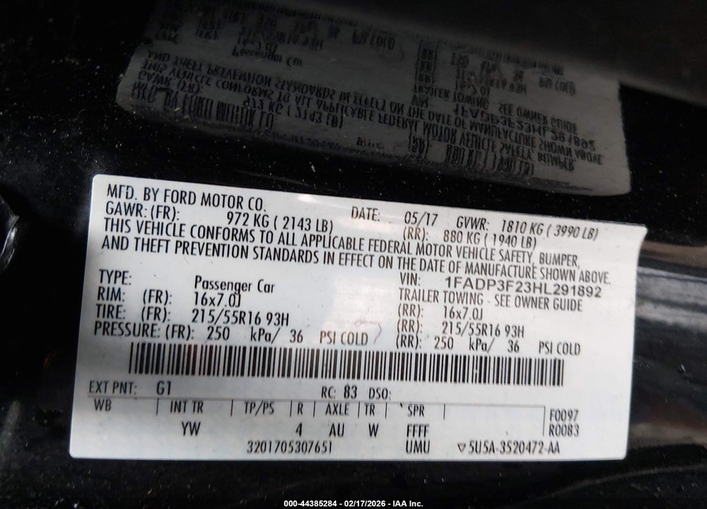 2017 FORD FOCUS SE VIN: 1FADP3F23HL291892